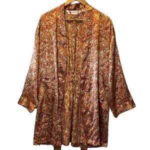 Victoria's Secret Vintage Floral Satin Robe O/S Waist Tie Wrap Smoking Jacket